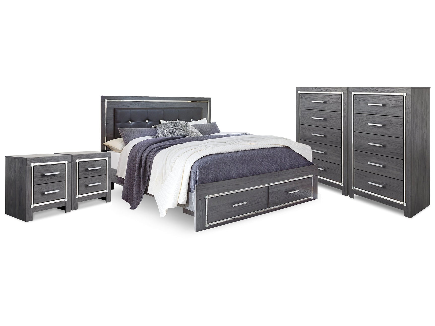 Lodanna Gray King Storage Bedroom Set with 2 Chests and 2 Nightstands - Ornate Home