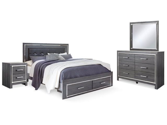 Lodanna Gray King Storage Bedroom Set with Dresser, Mirror and 2 Nightstands (Online Special Price) - Ornate Home