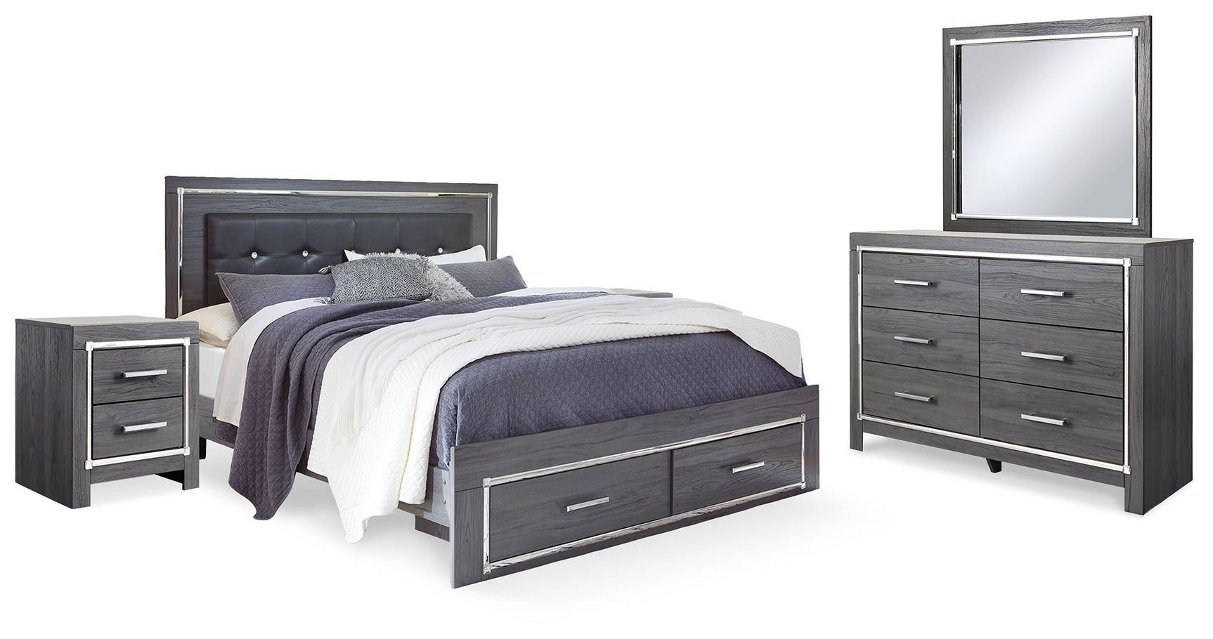 Lodanna Gray King Storage Bedroom Set with Dresser, Mirror and 2 Nightstands (Online Special Price) - Ornate Home