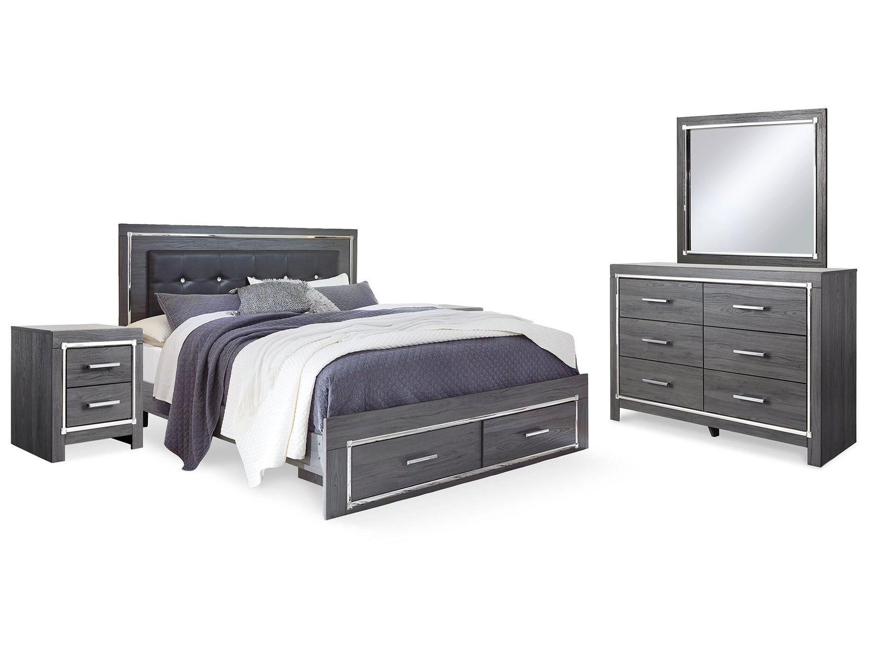 Lodanna Gray King Storage Bedroom Set with Dresser, Mirror and 2 Nightstands - Ornate Home