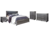 Lodanna Gray King Upholstered Panel Bedroom Set with Dresser, Chest and 2 Nightstands - Ornate Home