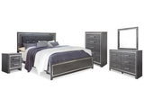 Lodanna Gray King Upholstered Panel Bedroom Set with Dresser, Mirror, Chest and Nightstand (Online Special Price) - Ornate Home
