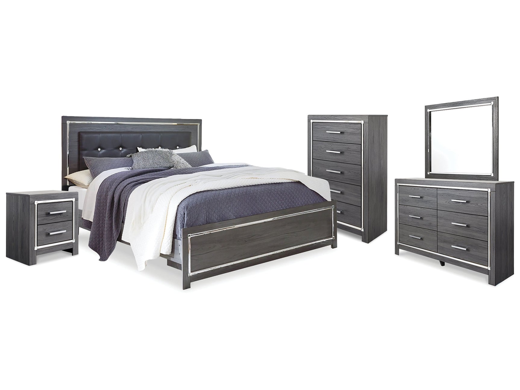 Lodanna Gray King Upholstered Panel Bedroom Set with Dresser, Mirror, Chest and Nightstand - Ornate Home