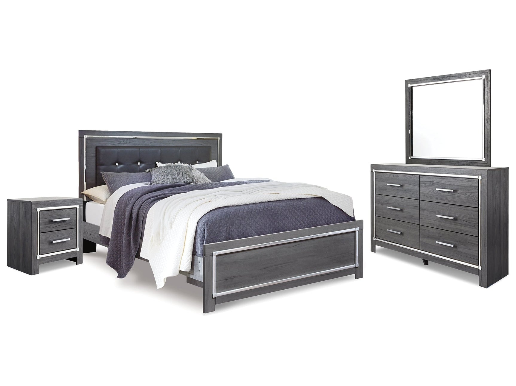 Lodanna Gray King Upholstered Panel Bedroom Set with Dresser, Mirror and Nightstand (Online Special Price) - Ornate Home