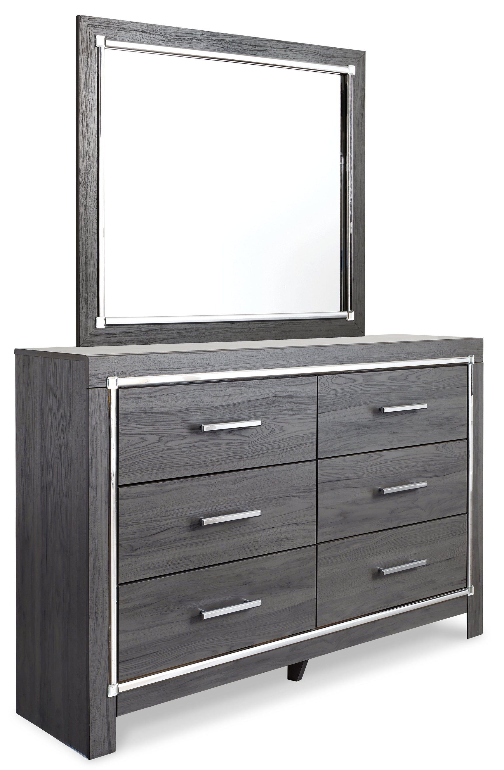 Lodanna Gray King Upholstered Panel Bedroom Set with Dresser, Mirror and Nightstand - Ornate Home