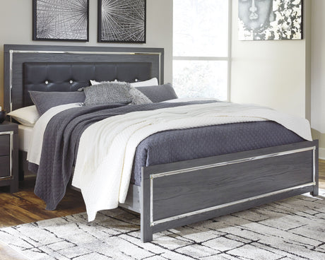 Lodanna Gray King Upholstered Panel Bedroom Set with Dresser, Mirror and Nightstand - Ornate Home