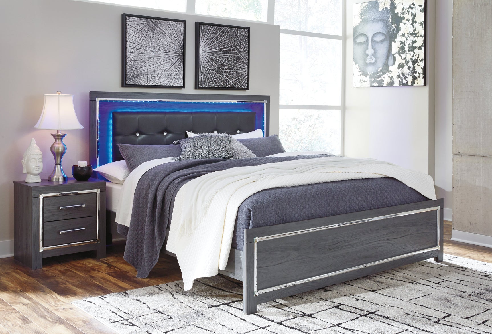Lodanna Gray King Upholstered Panel Bedroom Set with Dresser and Nightstand - Ornate Home