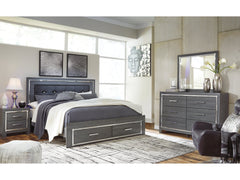 Lodanna Gray King Upholstered Storage Bed, Dresser, Mirror, and Nightstand - Ornate Home