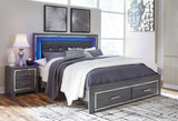 Lodanna Gray King Upholstered Storage Bed, Dresser, Mirror, and Nightstand - Ornate Home