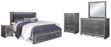 Lodanna Gray King Upholstered Storage Bedroom Set with Dresser, Mirror, Chest and 2 Nightstands - Ornate Home