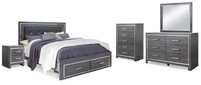 Lodanna Gray King Upholstered Storage Bedroom Set with Dresser, Mirror, Chest and 2 Nightstands - Ornate Home