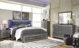 Lodanna Gray King Upholstered Storage Bedroom Set with Dresser, Mirror, Chest and 2 Nightstands - Ornate Home