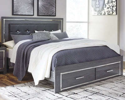 Lodanna Gray King Upholstered Storage Bedroom Set with Dresser, Mirror, Chest and 2 Nightstands - Ornate Home