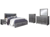 Lodanna Gray King Upholstered Storage Bedroom Set with Dresser, Mirror, Chest and Nightstand (Online Special Price) - Ornate Home