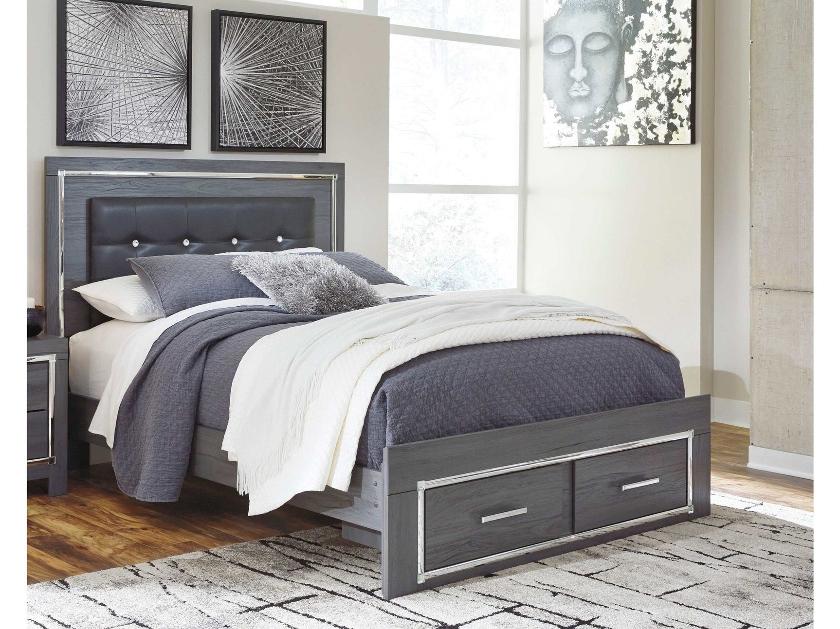 Lodanna Gray Queen Panel Bed w/ LED & 2 Storage Drawers (Online Special Price) - Ornate Home