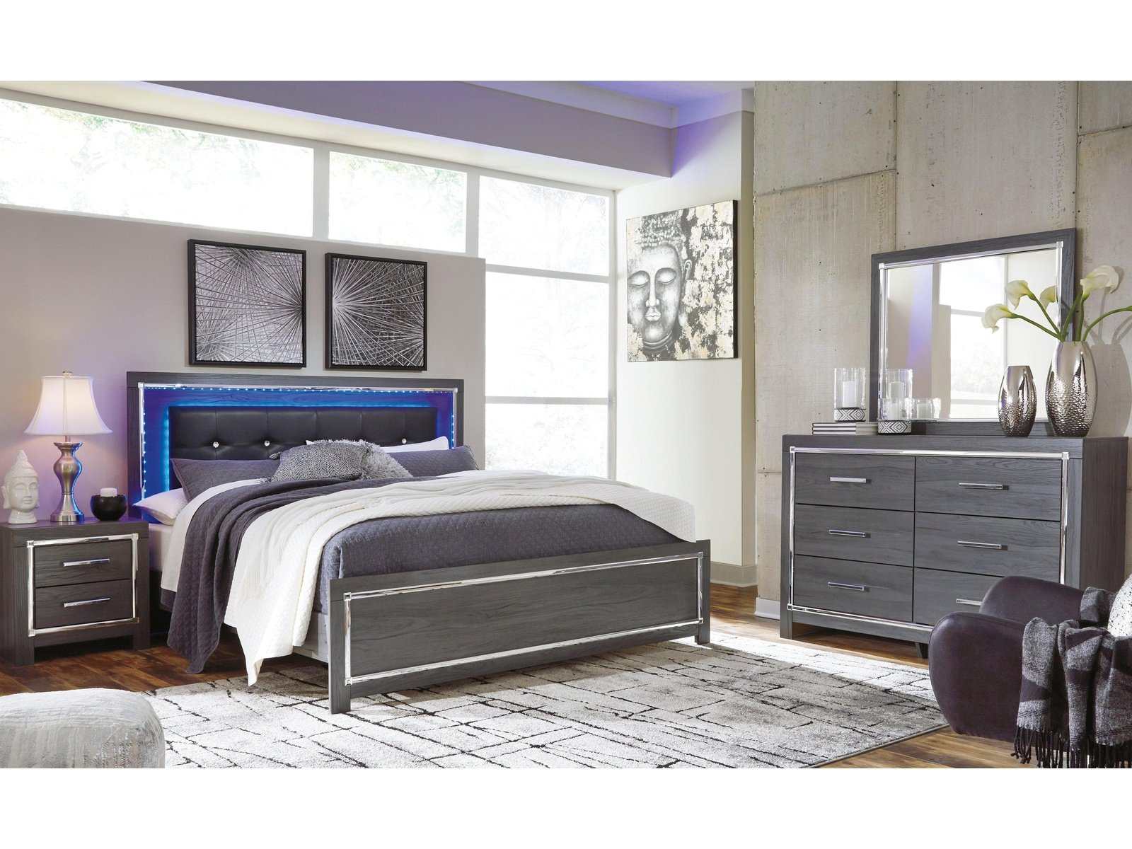 Lodanna Gray Queen Panel Bed w/ LED Bedroom Set / 4pc (Online Special Price) - Ornate Home