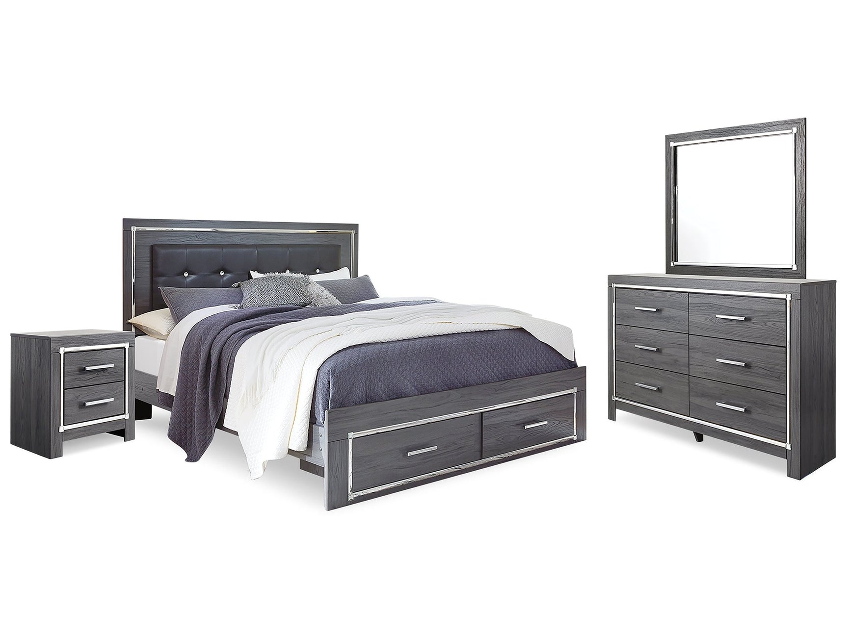 Lodanna Gray Queen Upholstered Panel Bed, Dresser, Mirror and Nightstand - Ornate Home