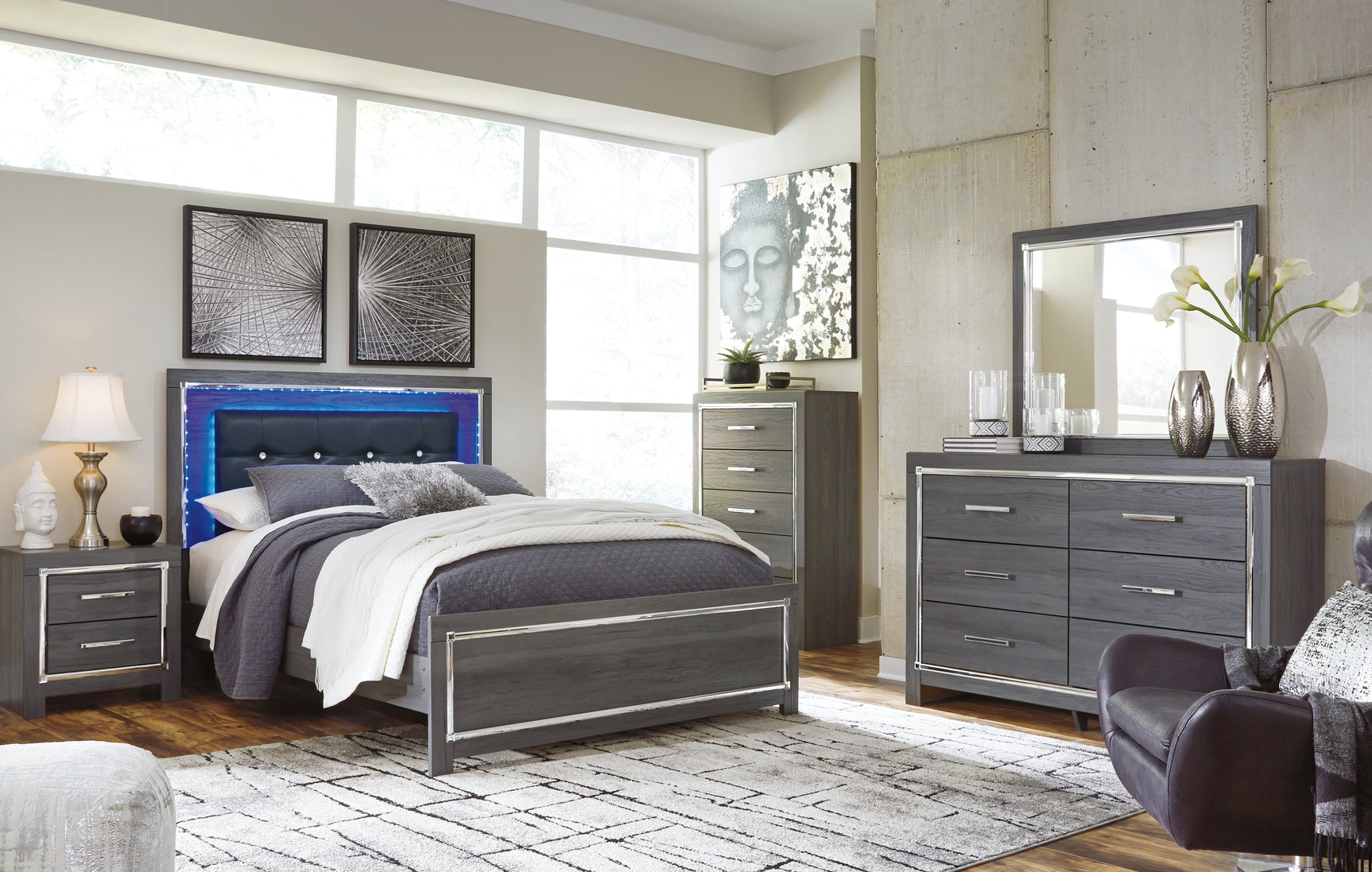 Lodanna Gray Queen Upholstered Panel Bedroom Set with Dresser, Mirror and 2 Nightstands (Online Special Price) - Ornate Home