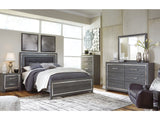 Lodanna Gray Queen Upholstered Panel Bedroom Set with Dresser, Mirror and 2 Nightstands - Ornate Home