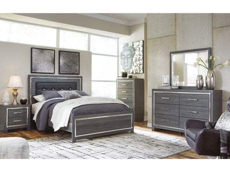 Lodanna Gray Queen Upholstered Panel Bedroom Set with Dresser, Mirror and 2 Nightstands - Ornate Home
