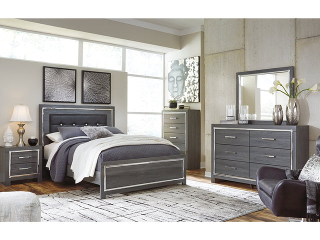 Lodanna Gray Queen Upholstered Panel Bedroom Set with Dresser, Mirror and 2 Nightstands - Ornate Home