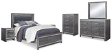 Lodanna Gray Queen Upholstered Panel Bedroom Set with Dresser, Mirror and 2 Nightstands - Ornate Home