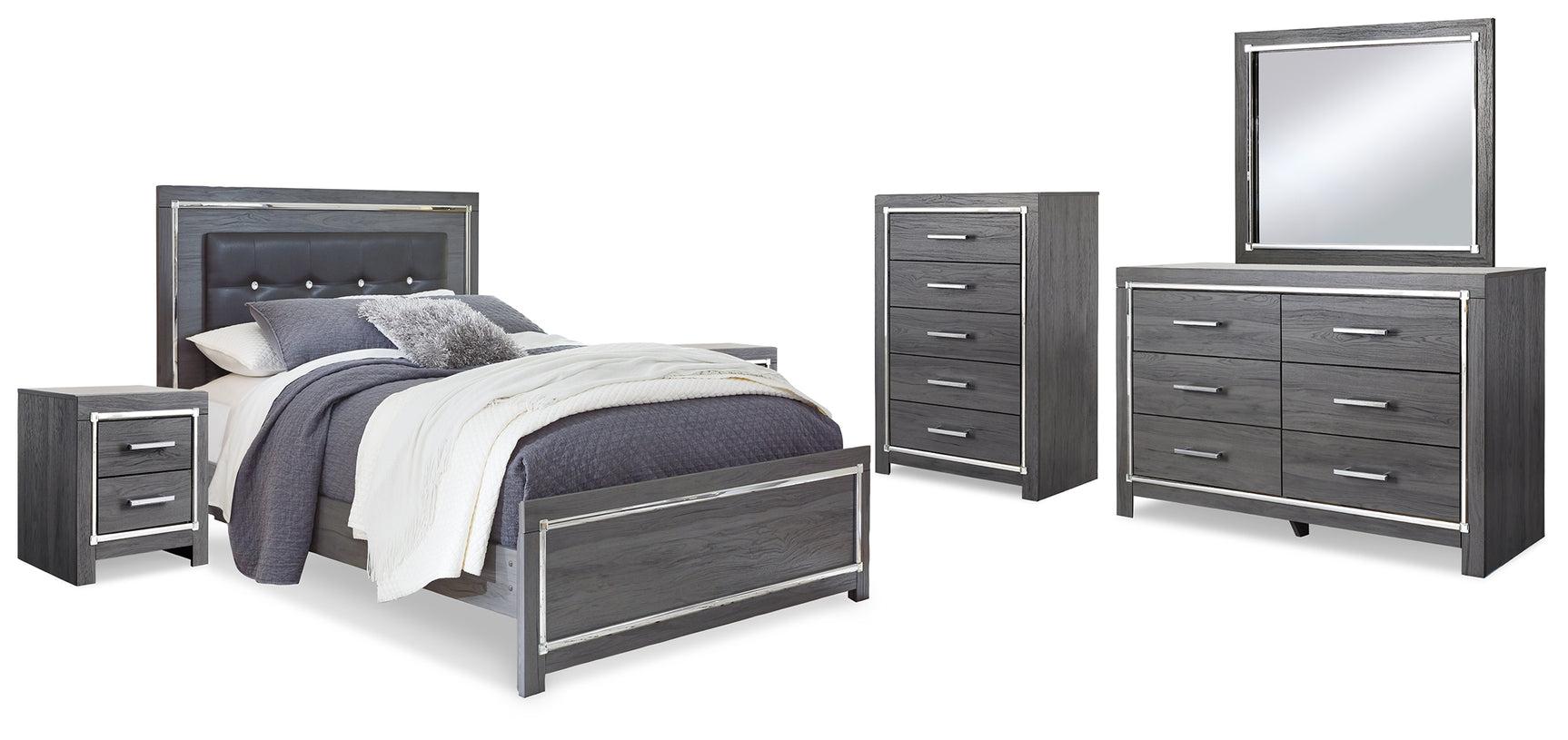 Lodanna Gray Queen Upholstered Panel Bedroom Set with Dresser, Mirror and 2 Nightstands - Ornate Home