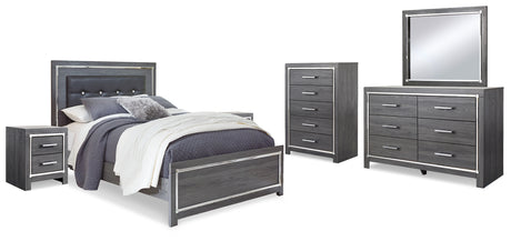 Lodanna Gray Queen Upholstered Panel Bedroom Set with Dresser, Mirror and 2 Nightstands - Ornate Home
