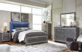 Lodanna Gray Queen Upholstered Panel Bedroom Set with Dresser, Mirror and 2 Nightstands - Ornate Home