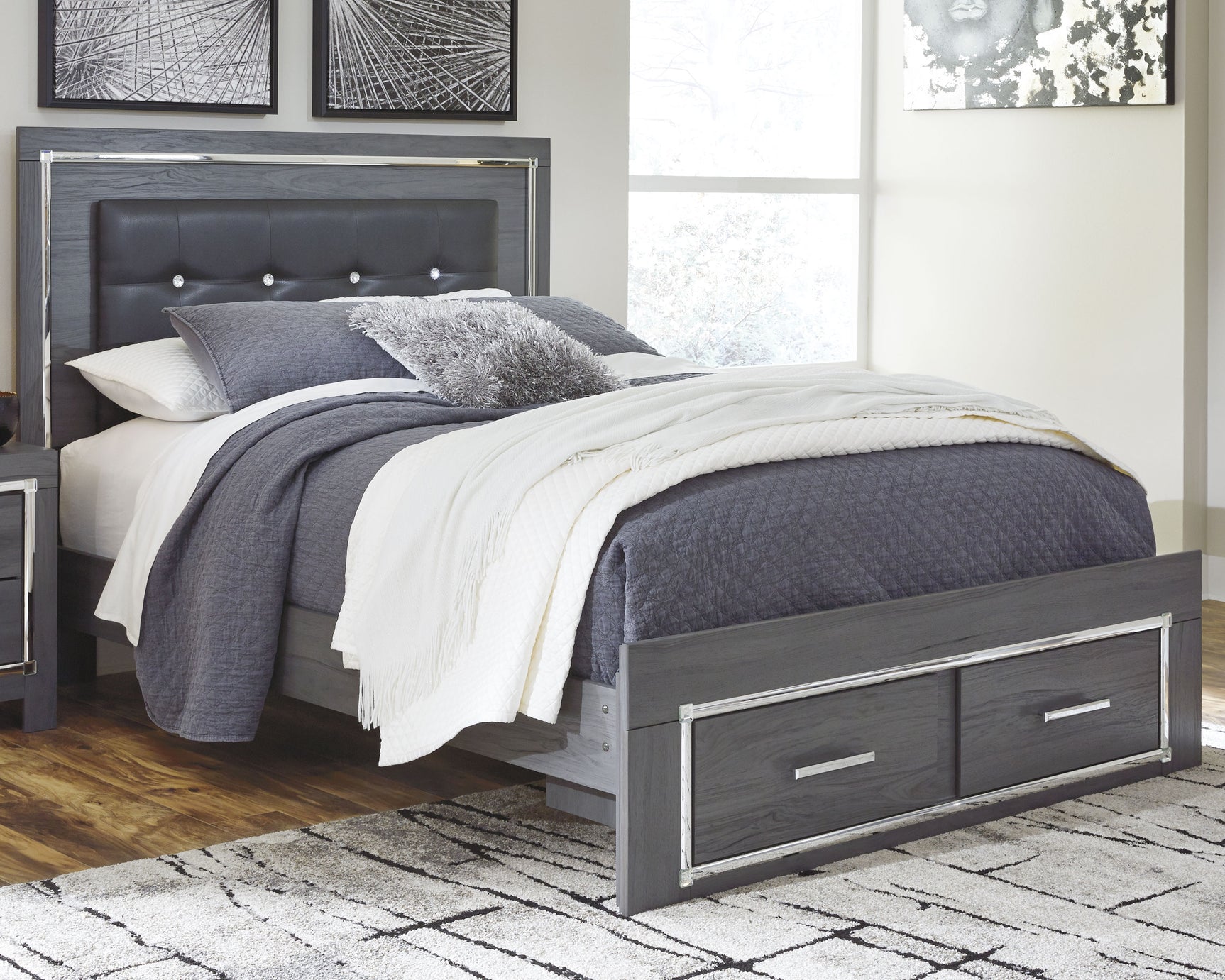 Lodanna Gray Queen Upholstered Panel Storage Bed, Dresser and Mirror (Online Special Price) - Ornate Home