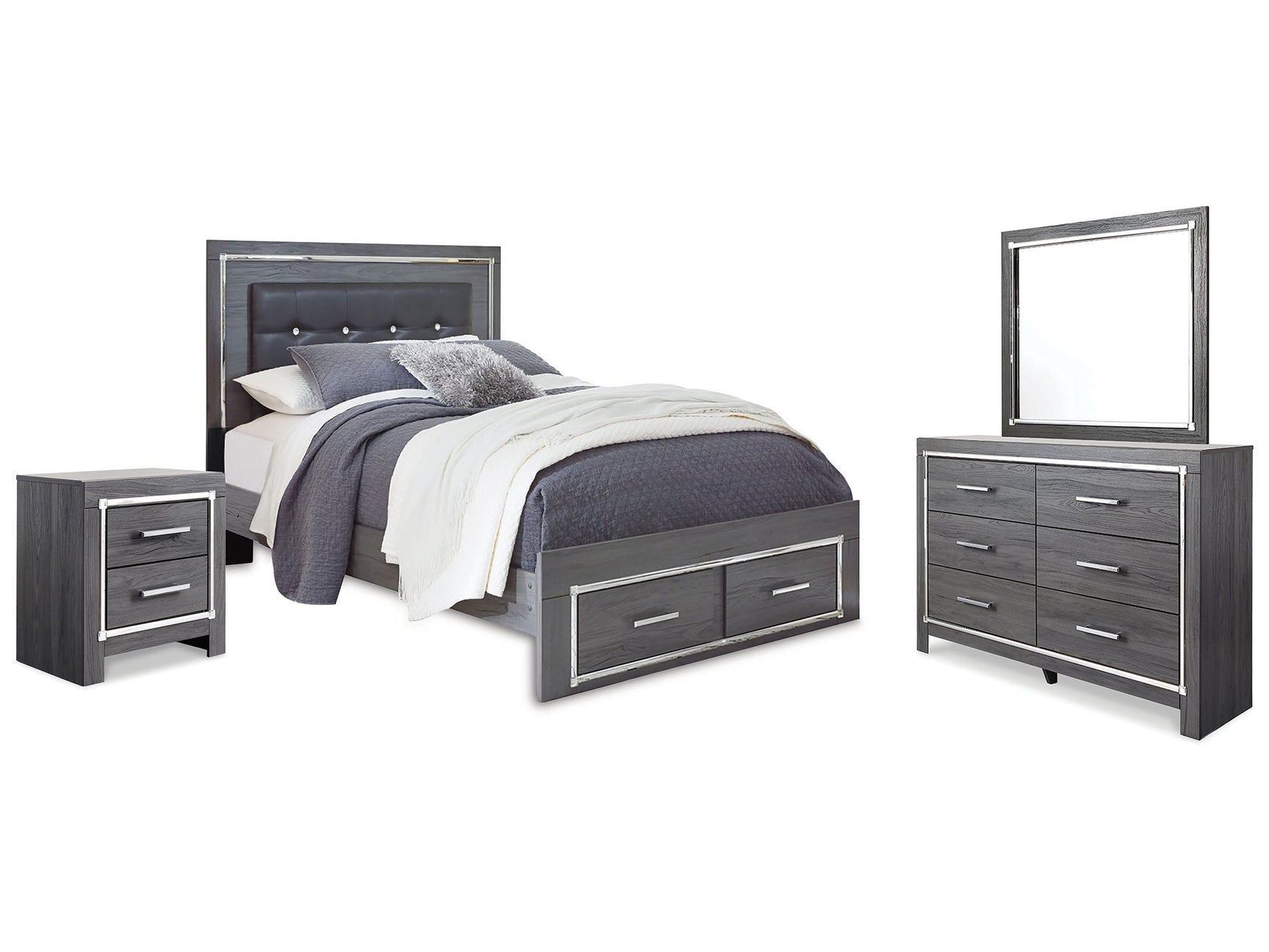 Lodanna Gray Queen Upholstered Panel Storage Bedroom Set with Dresser, Mirror, and Nightstand - Ornate Home