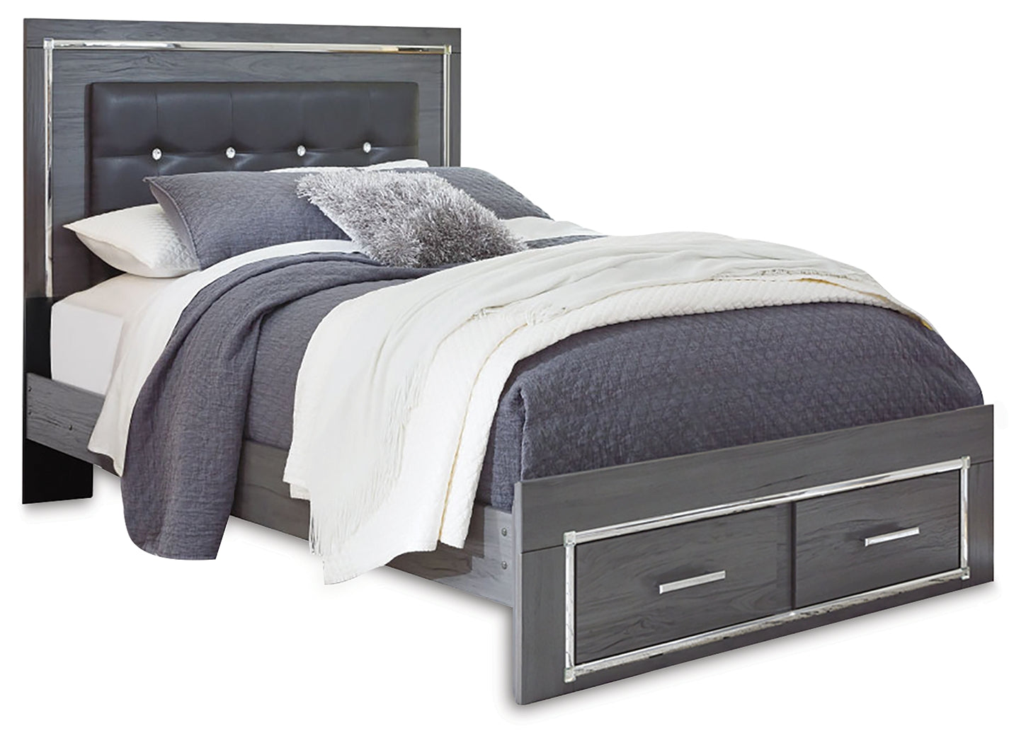 Lodanna Gray Queen Upholstered Panel Storage Bedroom Set with Dresser, Mirror, and Nightstand - Ornate Home