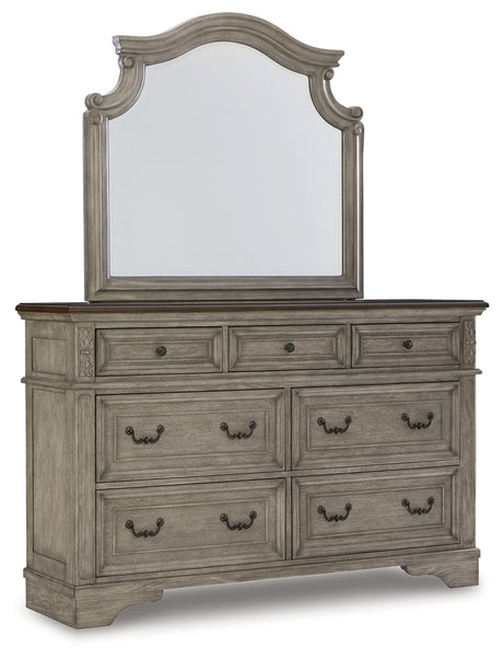 Lodenbay Antique Gray/Brown King Upholstered Panel Bed & Dresser & Mirror & Chest & Nightstand - Ornate Home