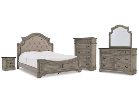 Lodenbay Antique Gray/Brown King Upholstered Panel Bed & Dresser & Mirror & Chest & Nightstand - Ornate Home