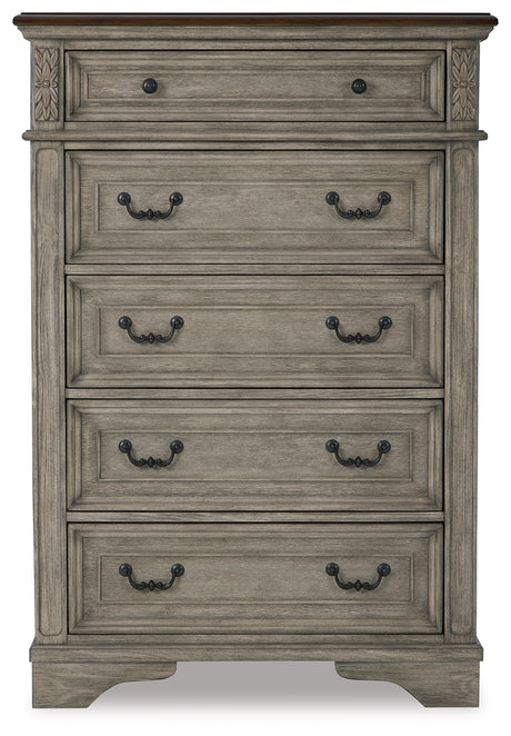 Lodenbay Antique Gray/Brown King Upholstered Panel Bed & Dresser & Mirror & Chest & Nightstand - Ornate Home