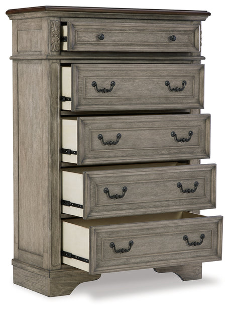 Lodenbay Antique Gray/Brown King Upholstered Panel Bed & Dresser & Mirror & Chest & Nightstand - Ornate Home