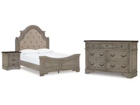 Lodenbay Antique Gray/Brown Queen Upholstered Panel Bedroom Set with Dresser and Nightstand - Ornate Home