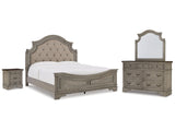 Lodenbay Antique Gray King Upholstered Panel Bedroom Set with Dresser, Mirror, and Nightstand - Ornate Home