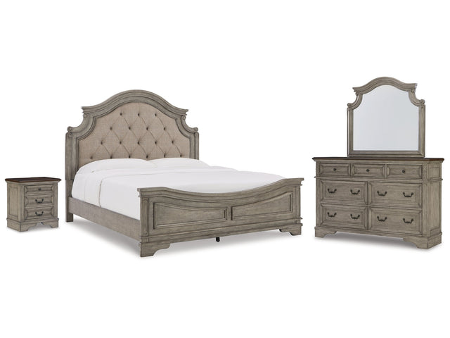 Lodenbay Antique Gray King Upholstered Panel Bedroom Set with Dresser, Mirror, and Nightstand - Ornate Home