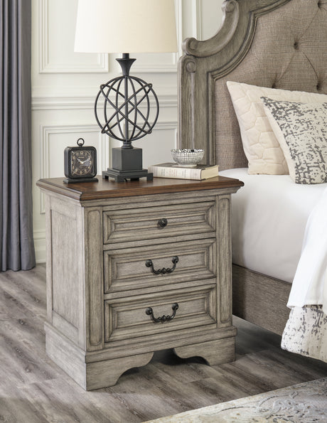 Lodenbay Antique Gray King Upholstered Panel Bedroom Set with Dresser, Mirror, and Nightstand - Ornate Home