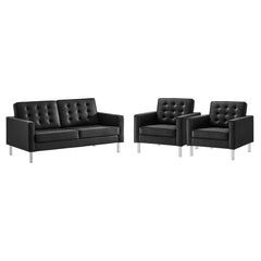 Loft Silver/Black 3 Piece Tufted Upholstered Faux Leather Set - 93x95" - Ornate Home