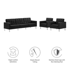Loft Silver/Black 3-Piece Tufted Vegan Leather Furniture Set - Ornate Home