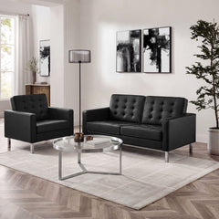 Loft Silver/Black Tufted Upholstered Faux Leather Loveseat and Armchair Set - Ornate Home