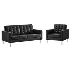 Loft Silver/Black Tufted Upholstered Faux Leather Loveseat and Armchair Set - Ornate Home