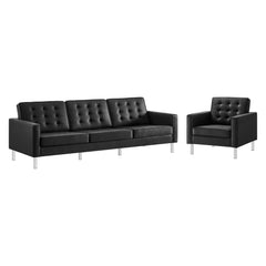 Loft Silver/Black Tufted Upholstered Faux Leather Sofa and Armchair Set - Ornate Home