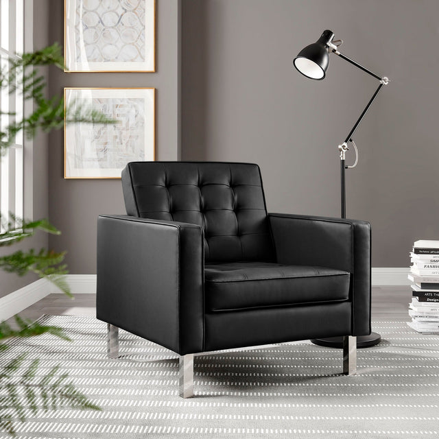 Loft Silver/Black Tufted Vegan Leather Armchair - Ornate Home