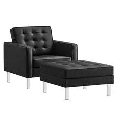 Loft Silver/Black Tufted Vegan Leather Armchair and Ottoman Set - Ornate Home