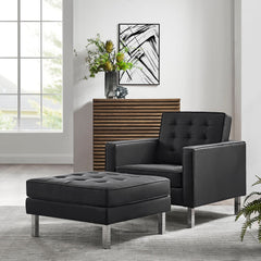 Loft Silver/Black Tufted Vegan Leather Armchair and Ottoman Set - Ornate Home