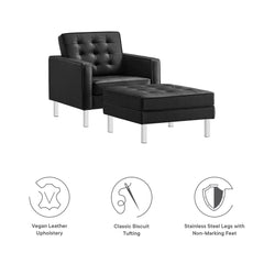 Loft Silver/Black Tufted Vegan Leather Armchair and Ottoman Set - Ornate Home