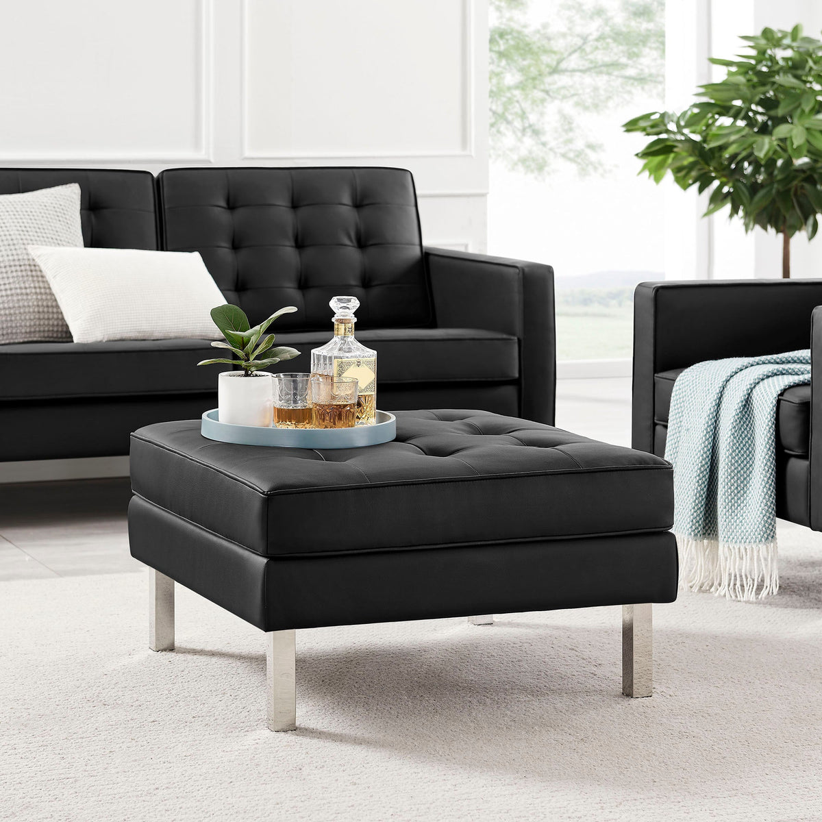 Loft Silver/Black Tufted Vegan Leather Ottoman - Ornate Home